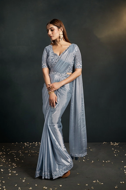 Gray Stylish Pre-Stitched Saree With Belt | Original Saree
