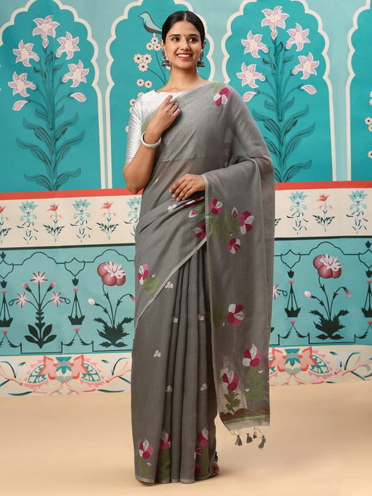 Gray Traditional Mul Cotton Saree