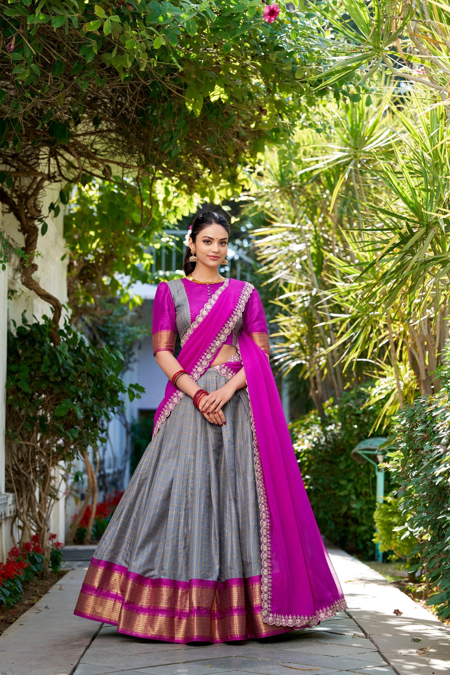 Gray Traditional Zari Chex Lehenga