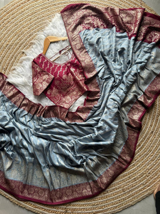 Gray Viscose Dola Silk Saree For Wedding