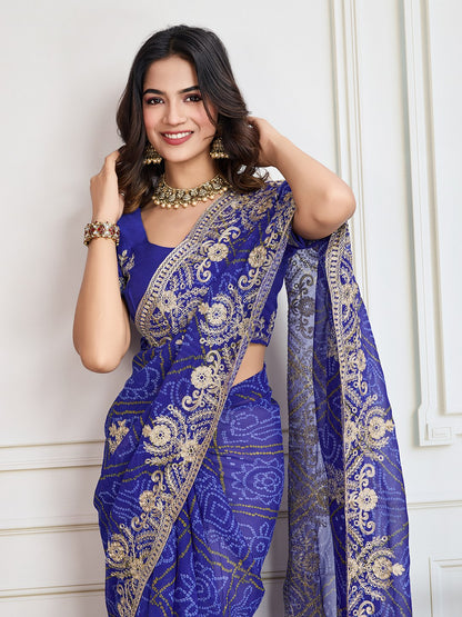 Blue Bandhani Printed Georgette Saree