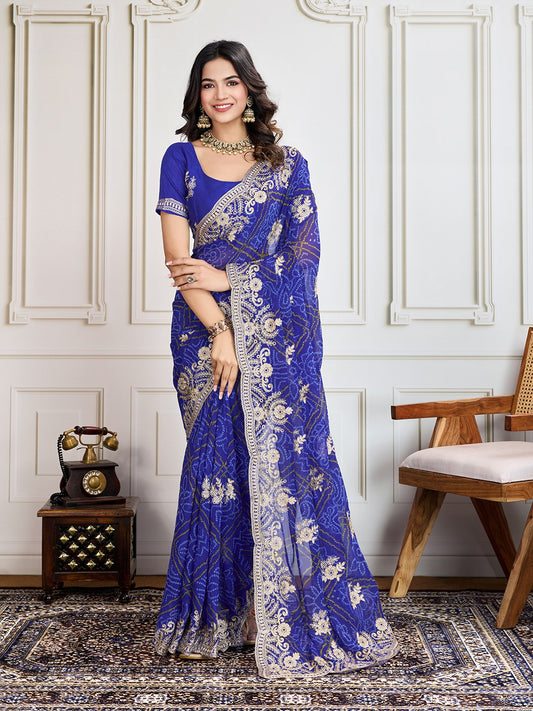 Blue Bandhani Printed Georgette Saree