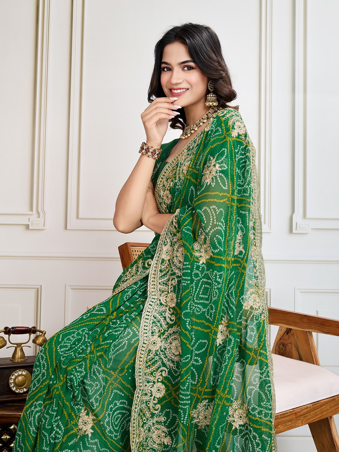 Green Bandhani Printed Georgette Saree