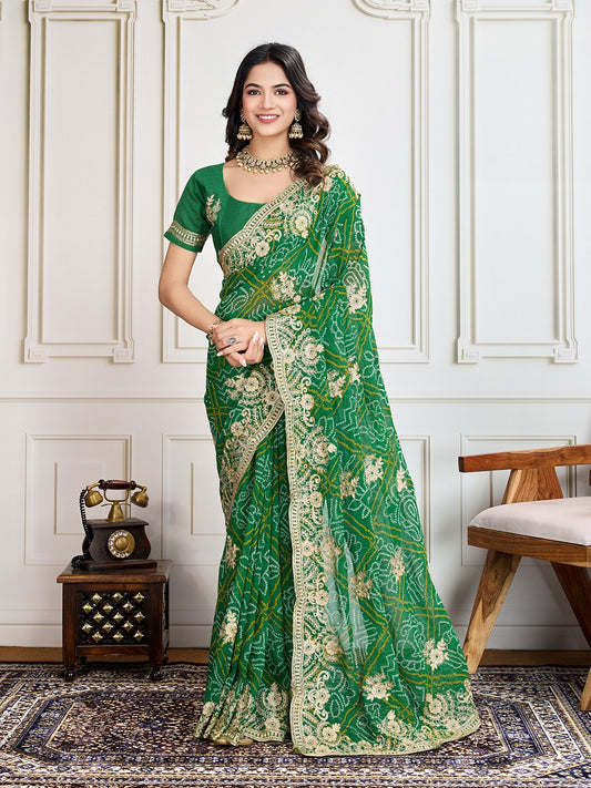 Green Bandhani Printed Georgette Saree