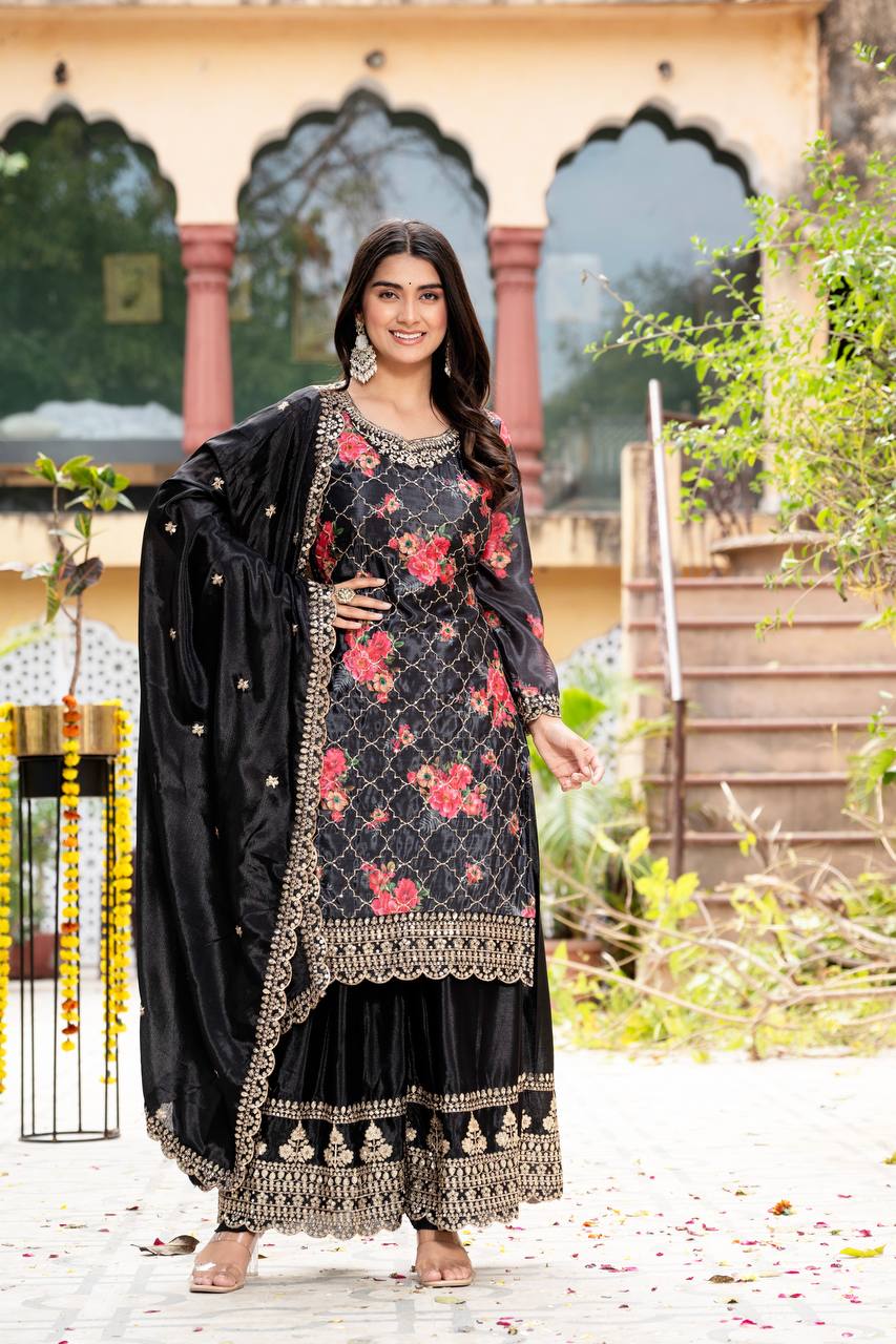 Black Chinon Silk Designer Kurta Set
