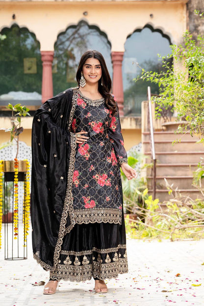 Black Chinon Silk Designer Kurta Set