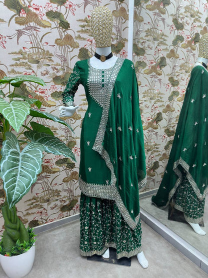 Green Chinon Silk Designer Kurta Set