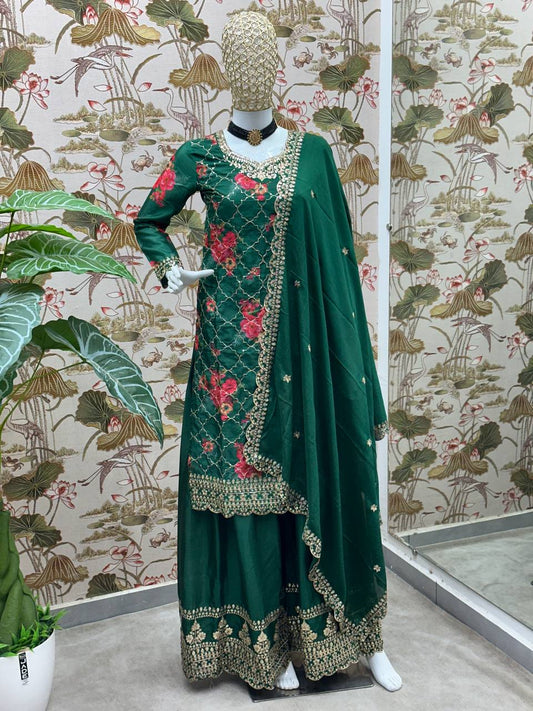Green Chinon Silk Designer Kurta Set