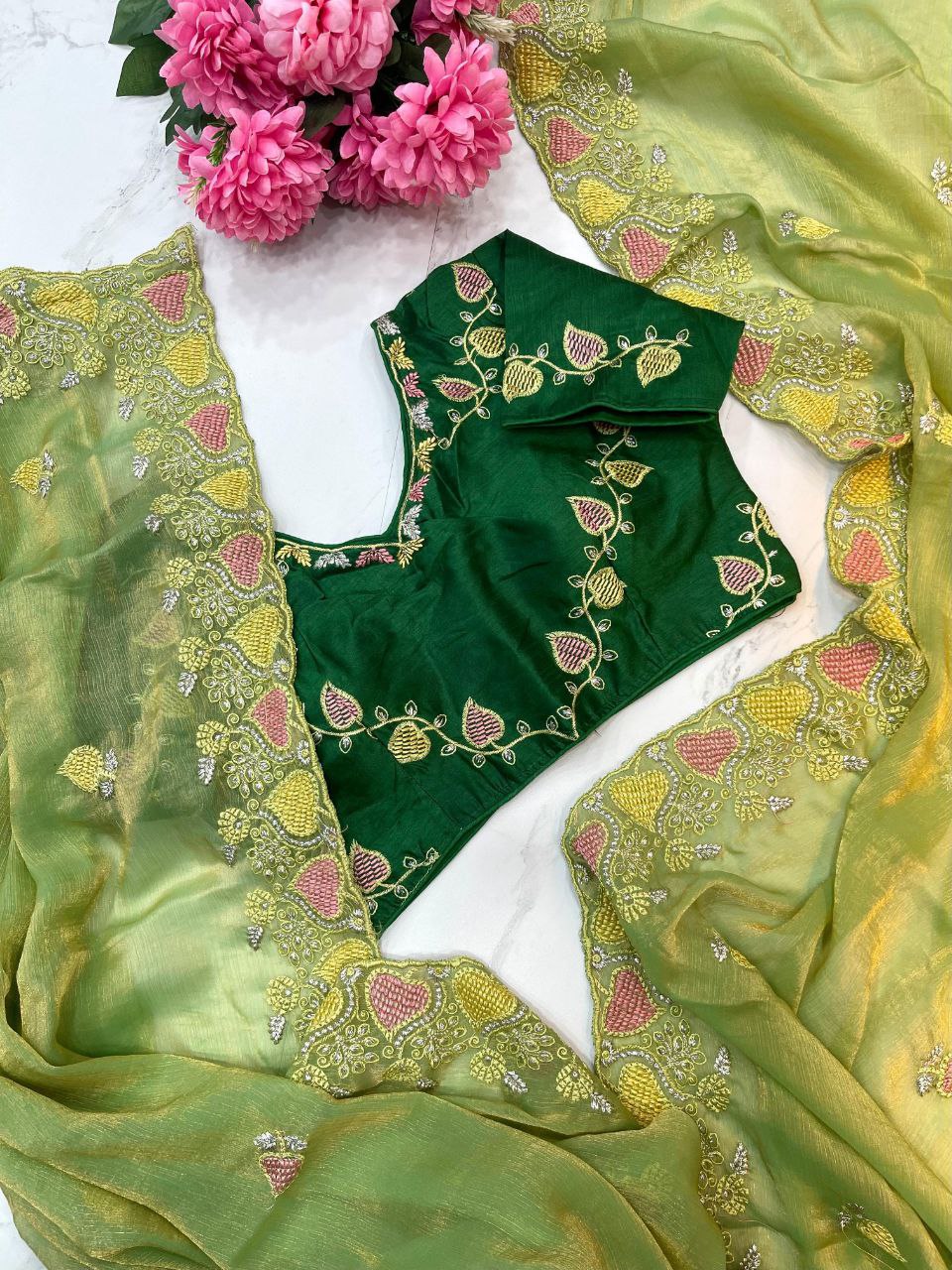 Green Designer Fandy Chiffon Two Tone Saree