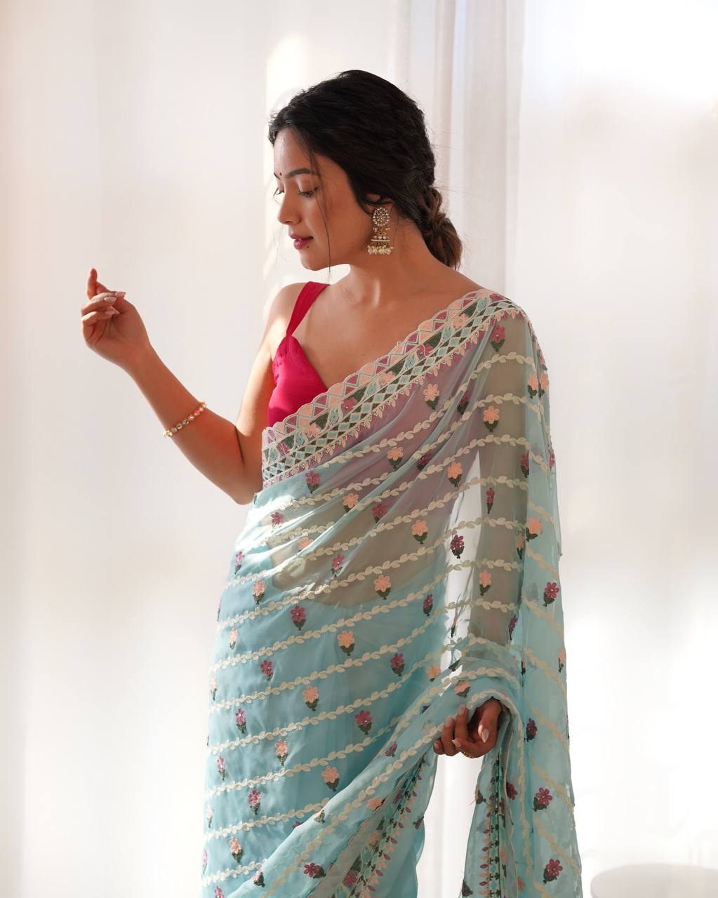 Sky Emroidery Worked Organza Silk Saree