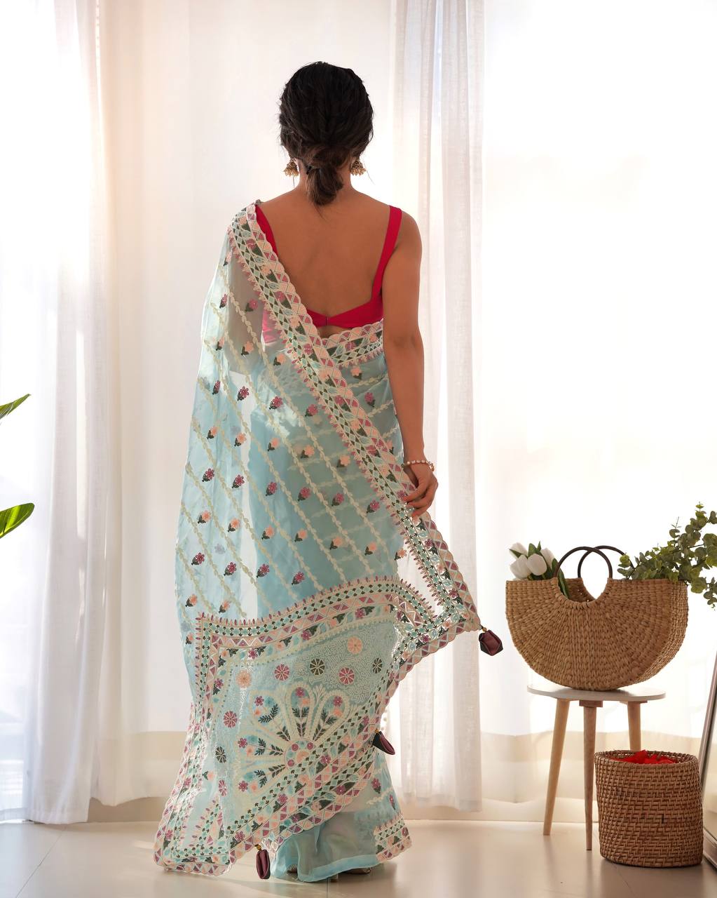 Sky Emroidery Worked Organza Silk Saree