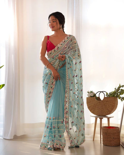 Sky Emroidery Worked Organza Silk Saree