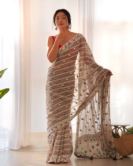 Gray Emroidery Worked Organza Silk Saree