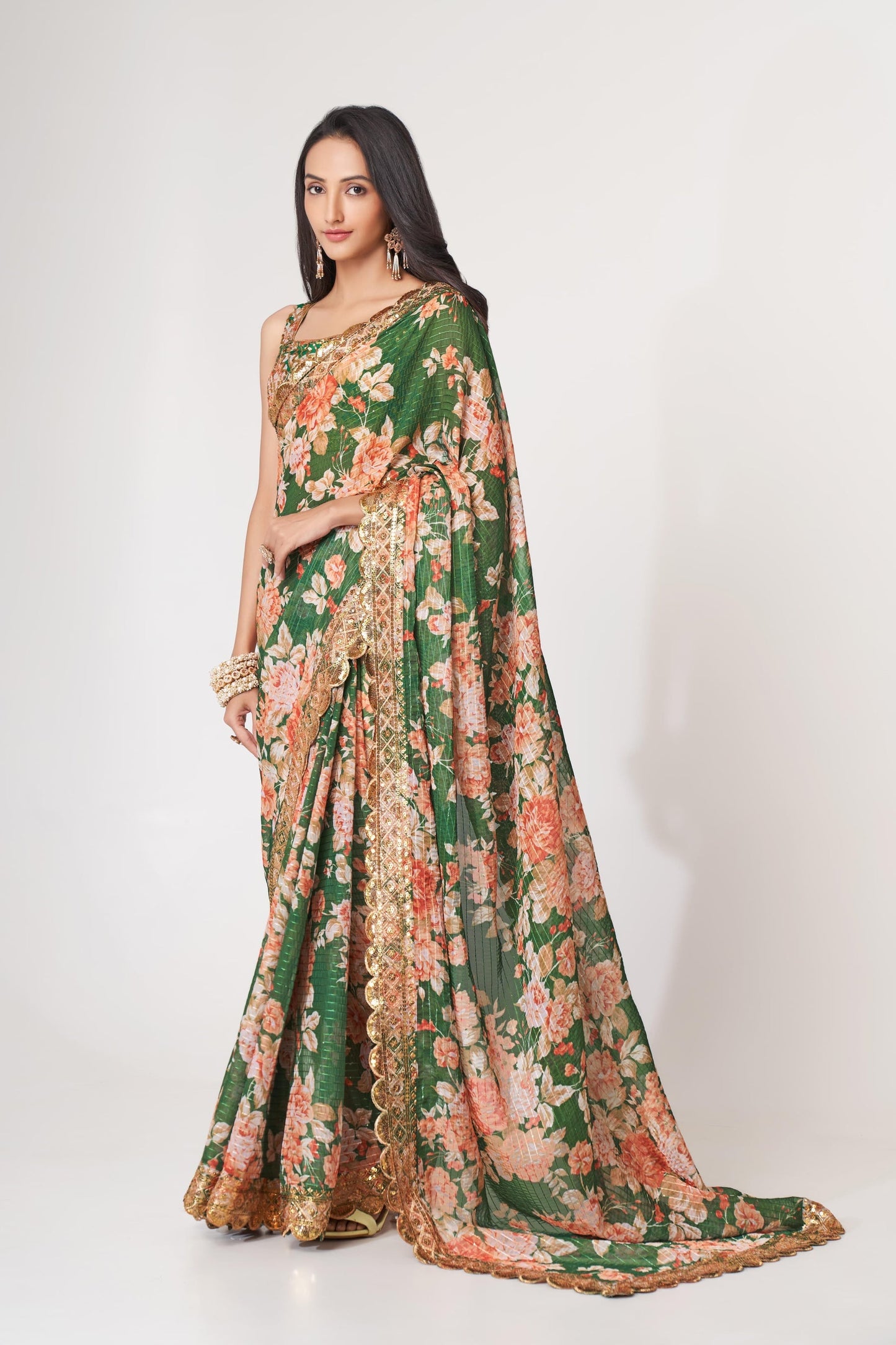 Green Floral Printed Organza Saree With Blouse | 100% Original Saree