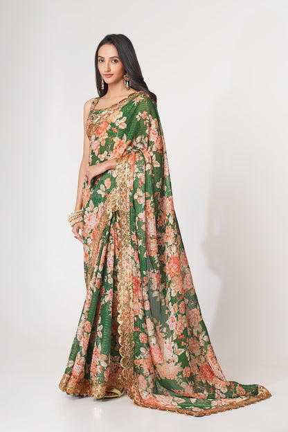 Green Floral Printed Organza Saree With Blouse | 100% Original Saree