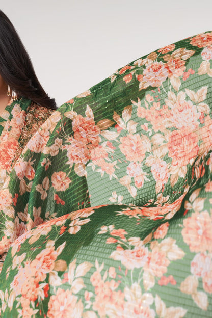 Green Floral Printed Organza Saree With Blouse | 100% Original Saree