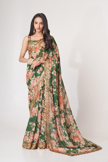 Green Floral Printed Organza Saree With Blouse | 100% Original Saree