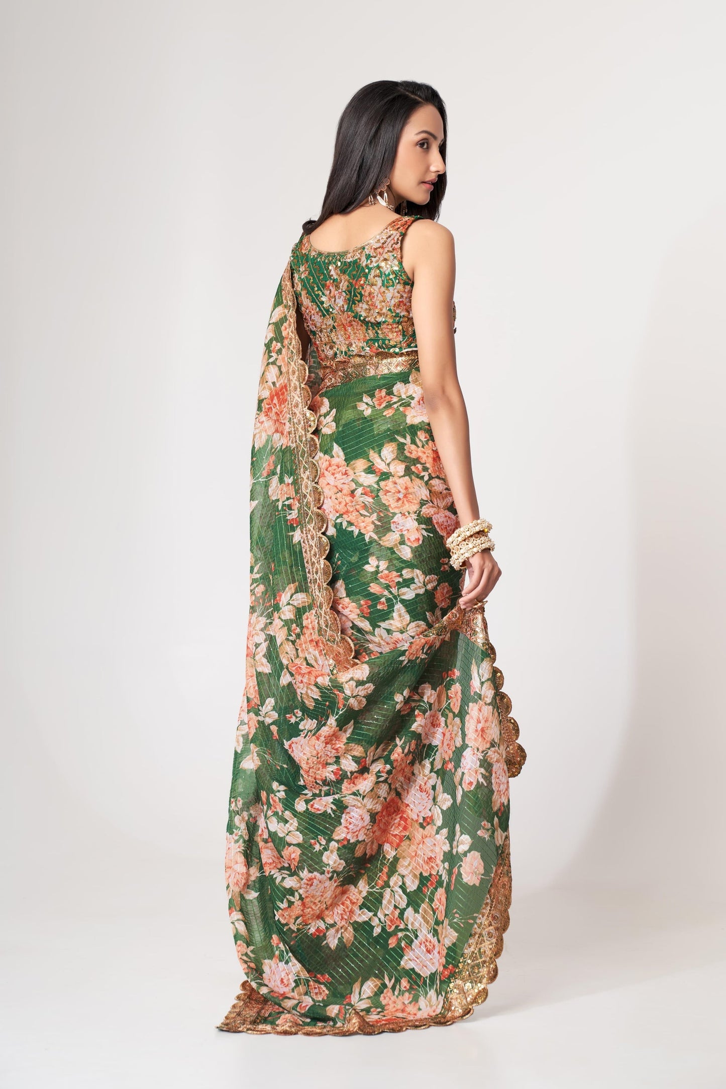 Green Floral Printed Organza Saree With Blouse | 100% Original Saree