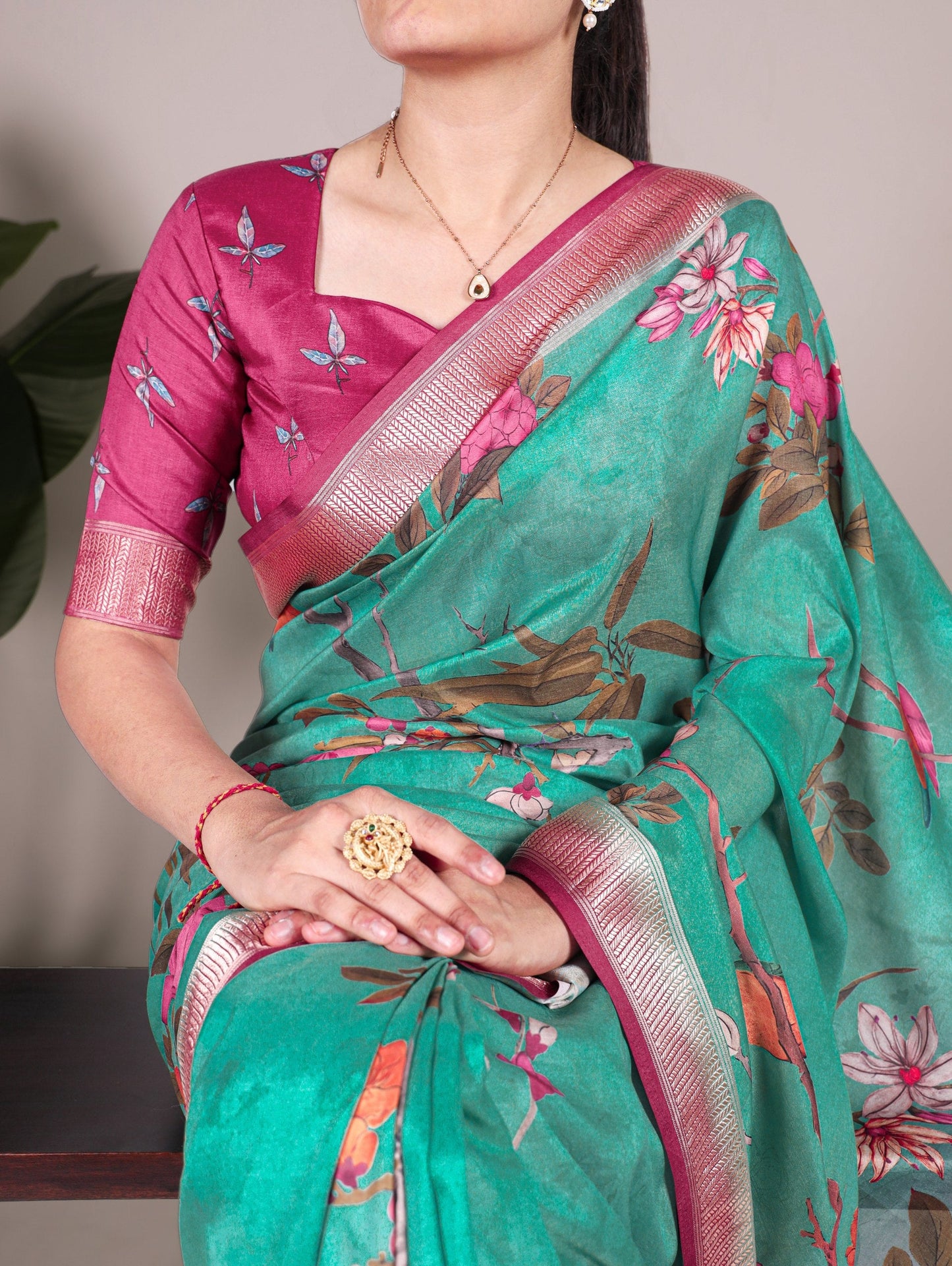 Green Floral Printed Tussar Silk Saree
