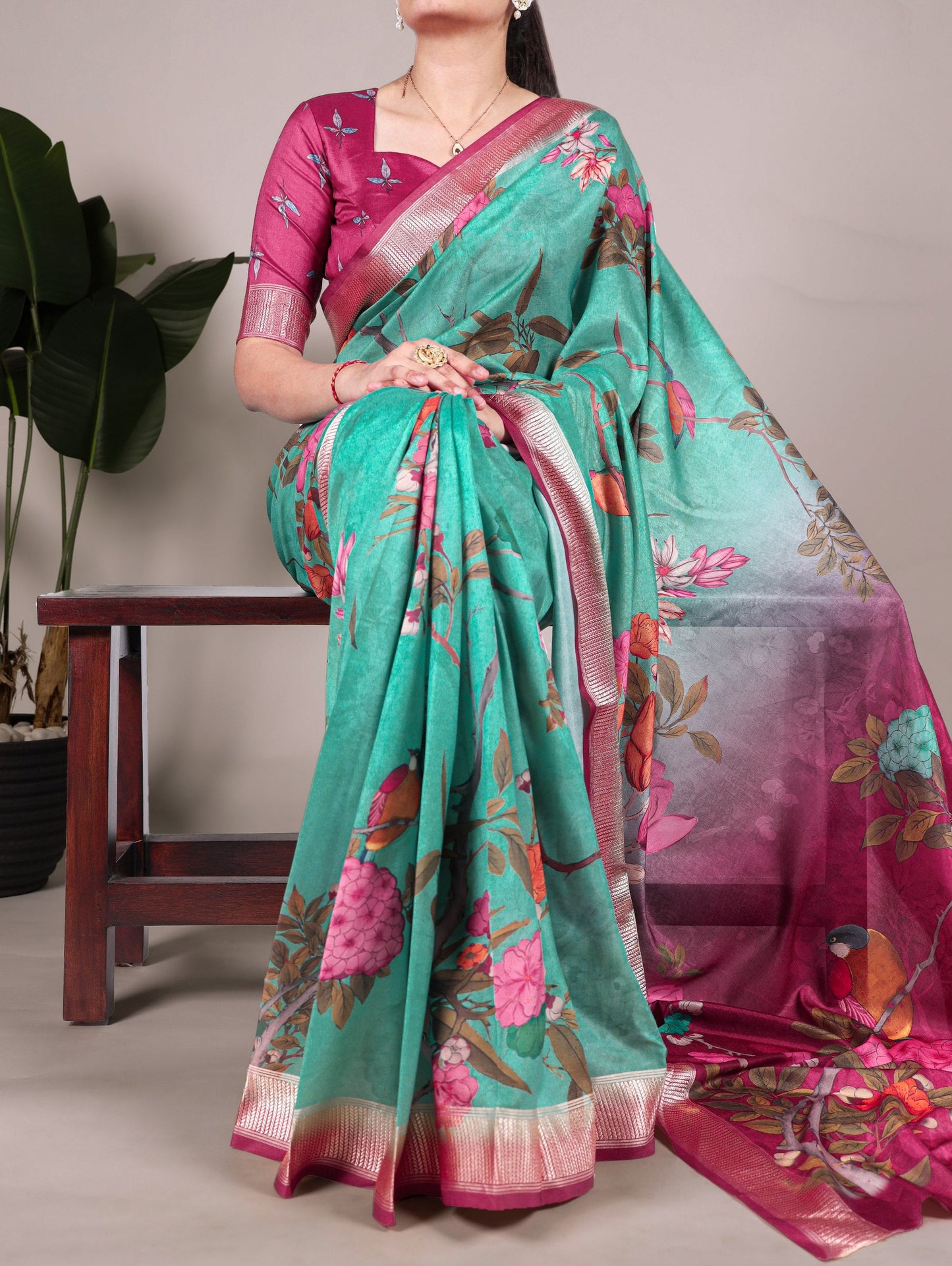 Green Floral Printed Tussar Silk Saree