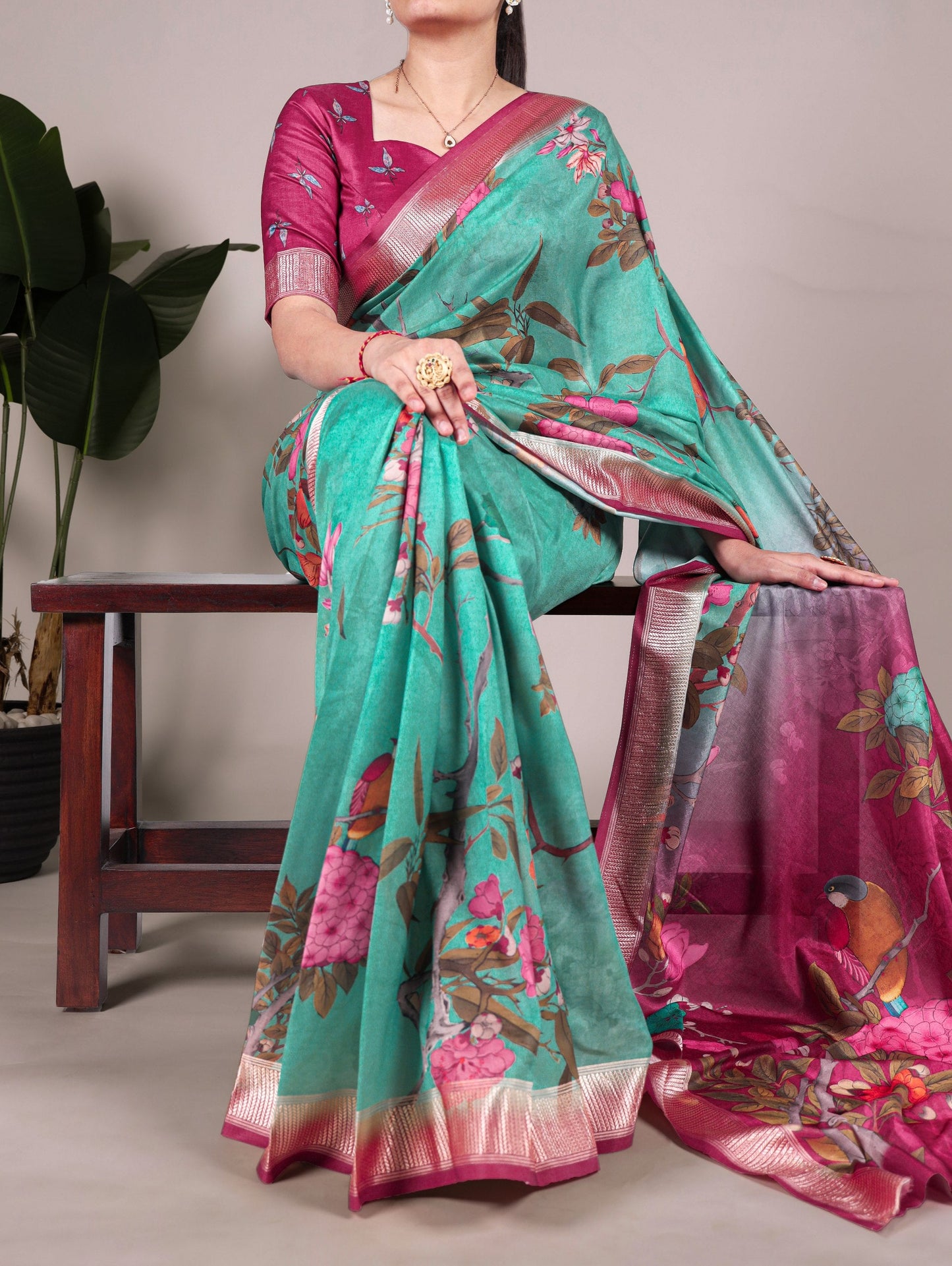 Green Floral Printed Tussar Silk Saree