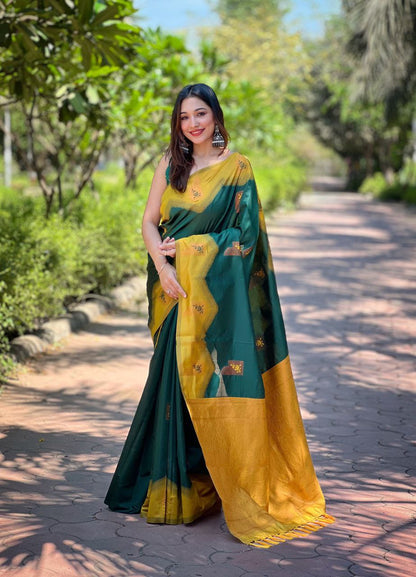 Green & Mustard Kanjivaram Pattu Zari Silk Saree