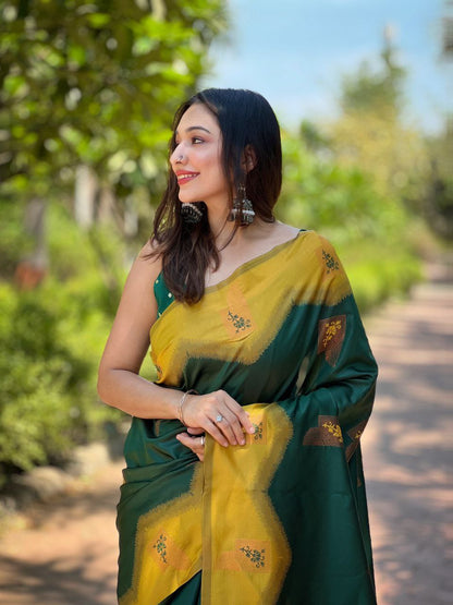 Green & Mustard Kanjivaram Pattu Zari Silk Saree