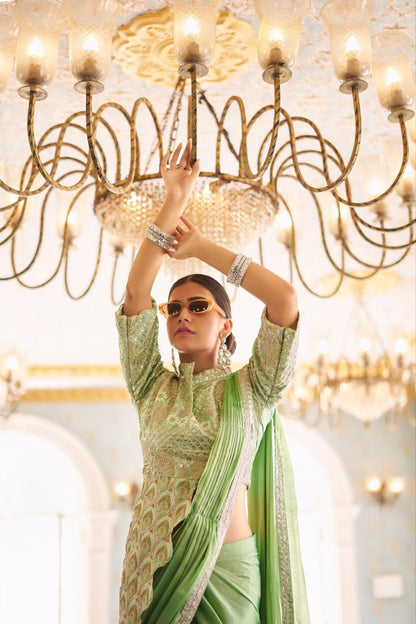 Green  Ready Made Chinon Silk Saree