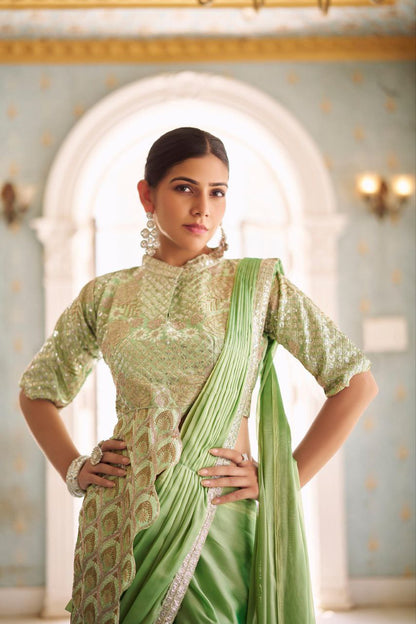 Green  Ready Made Chinon Silk Saree