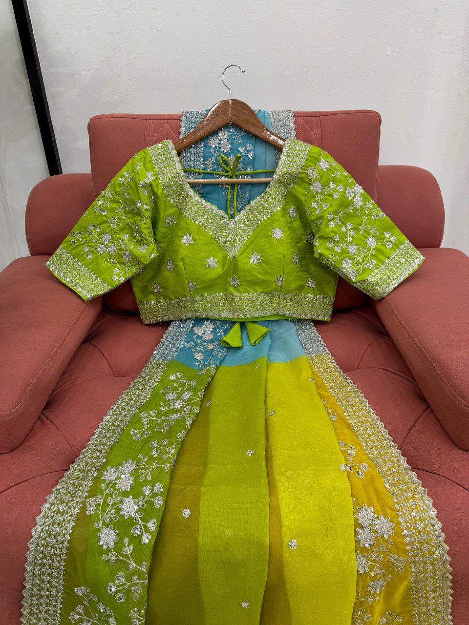 Green & Sky Party Wear Tabby Silk Saree