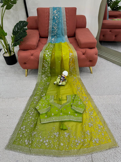 Green & Sky Party Wear Tabby Silk Saree