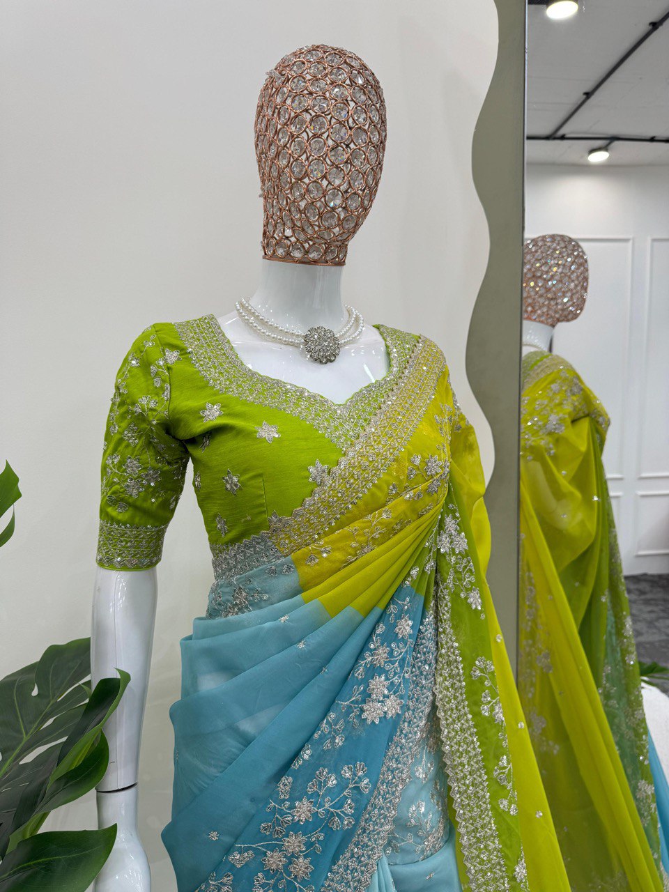 Green & Sky Party Wear Tabby Silk Saree