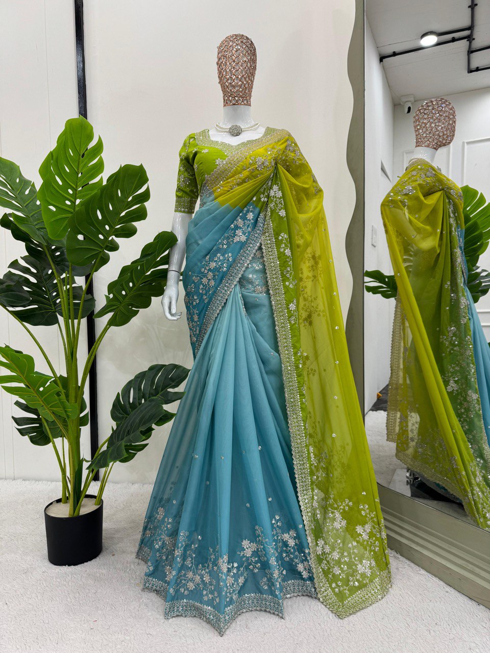 Green & Sky Party Wear Tabby Silk Saree