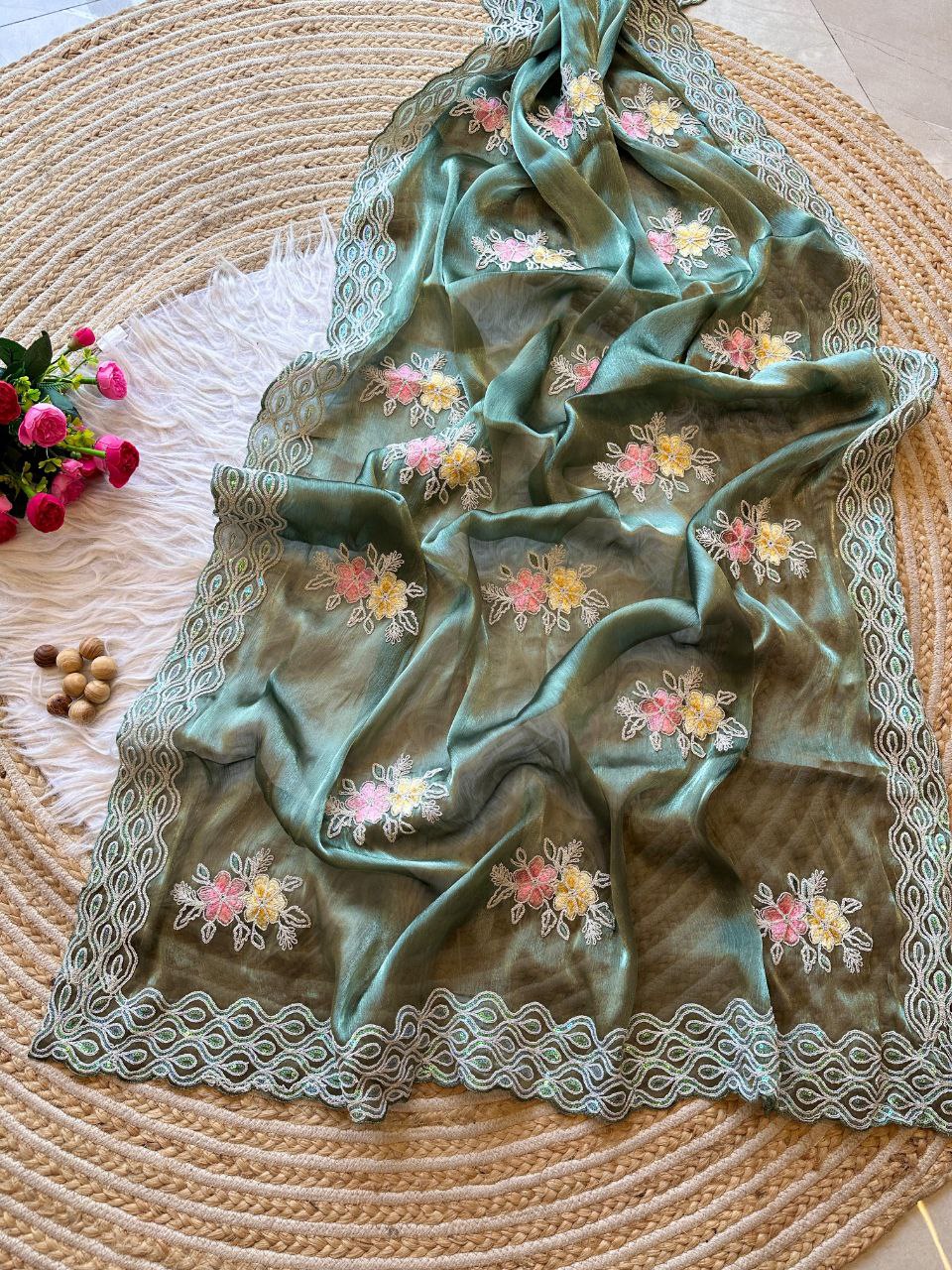 Green Stylish Jimmy Choo Chiffon Saree