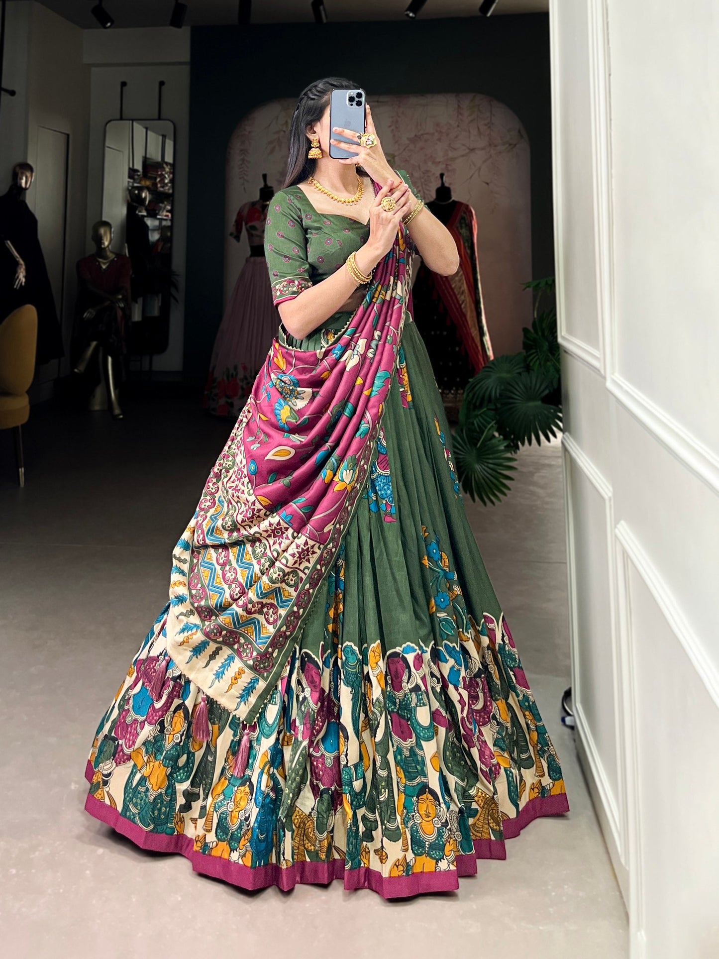 Green Traditional Tussar Silk Lehenga Choli