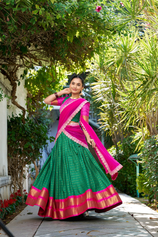 Green Traditional Zari Chex Lehenga