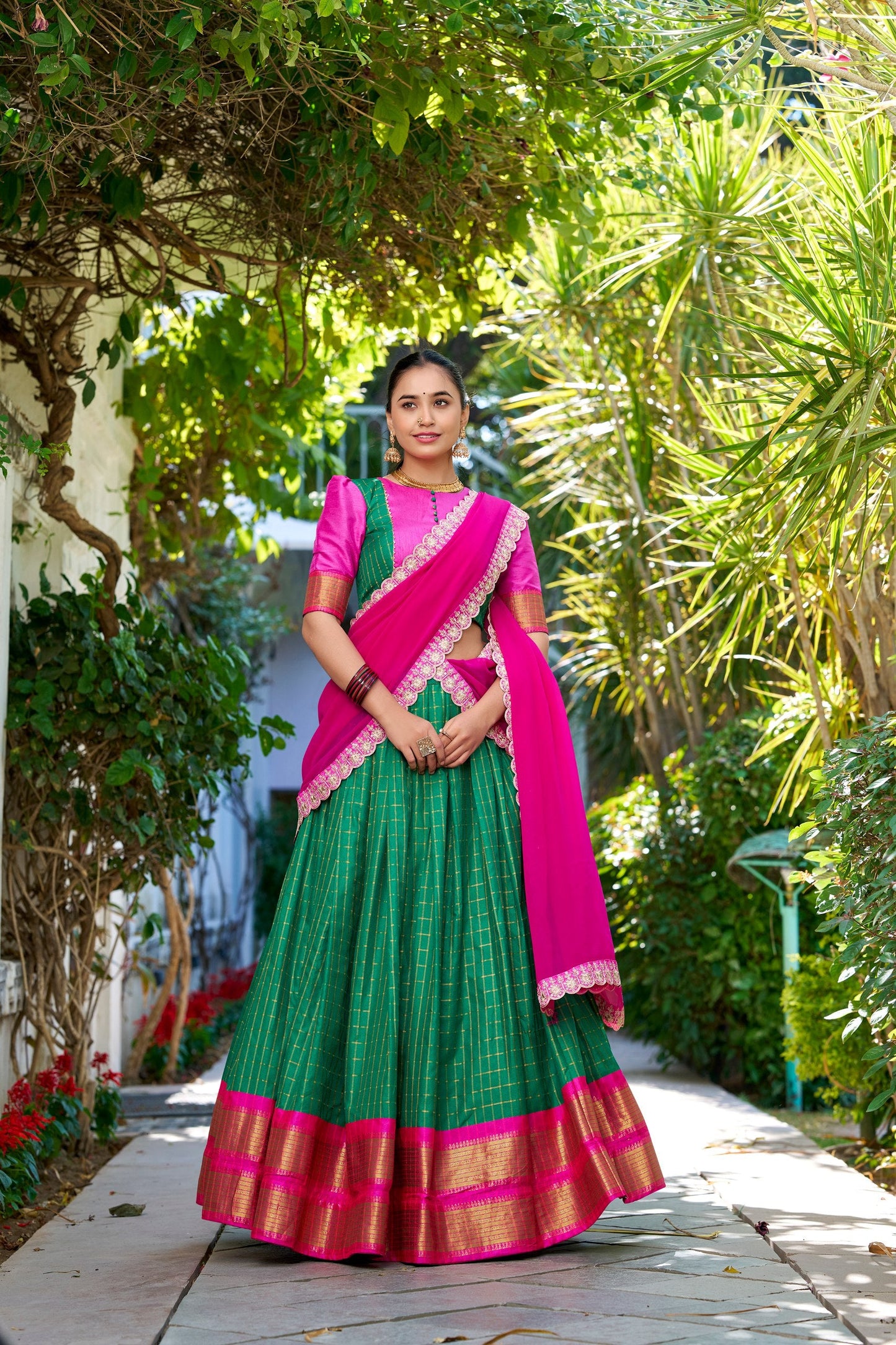 Green Traditional Zari Chex Lehenga