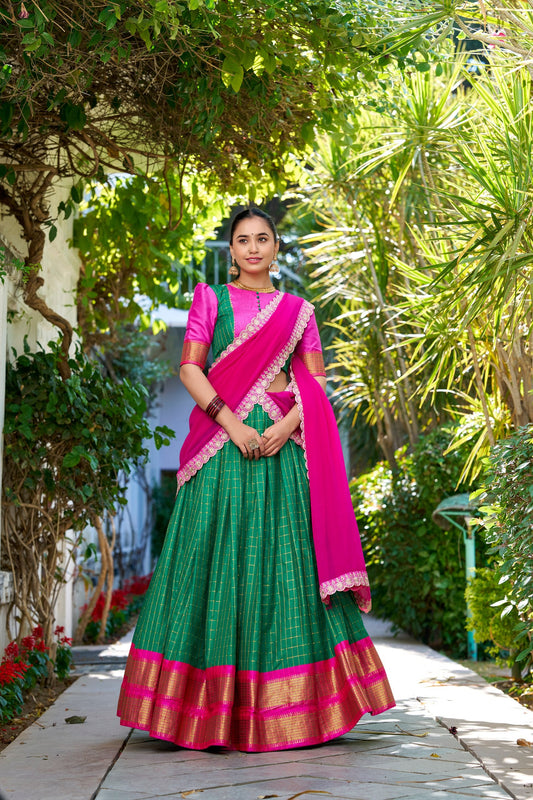 Green Traditional Zari Chex Lehenga