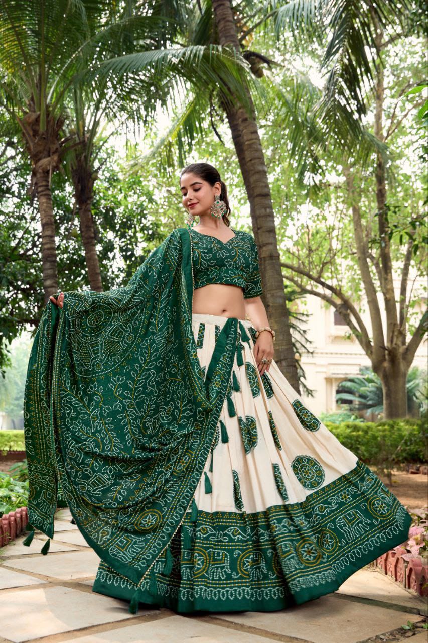 Green Wedding Wear Patola Printed Lehenga
