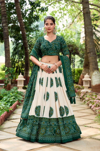 Green Wedding Wear Patola Printed Lehenga