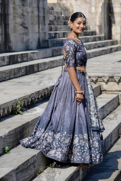Grey Manipuri Silk Lehenga Choli