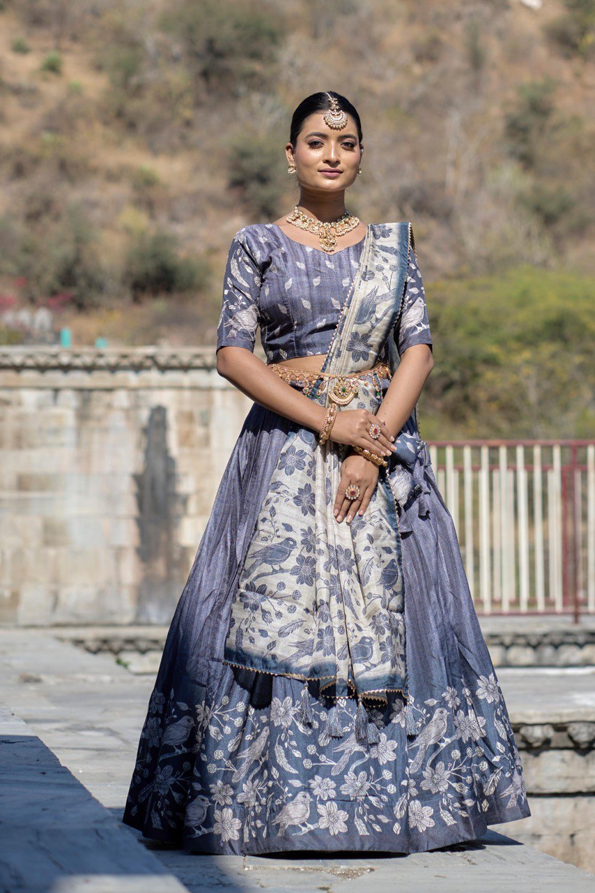 Grey Manipuri Silk Lehenga Choli