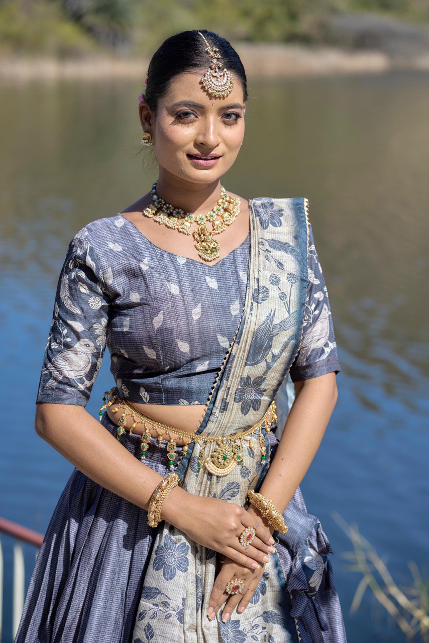 Grey Manipuri Silk Lehenga Choli