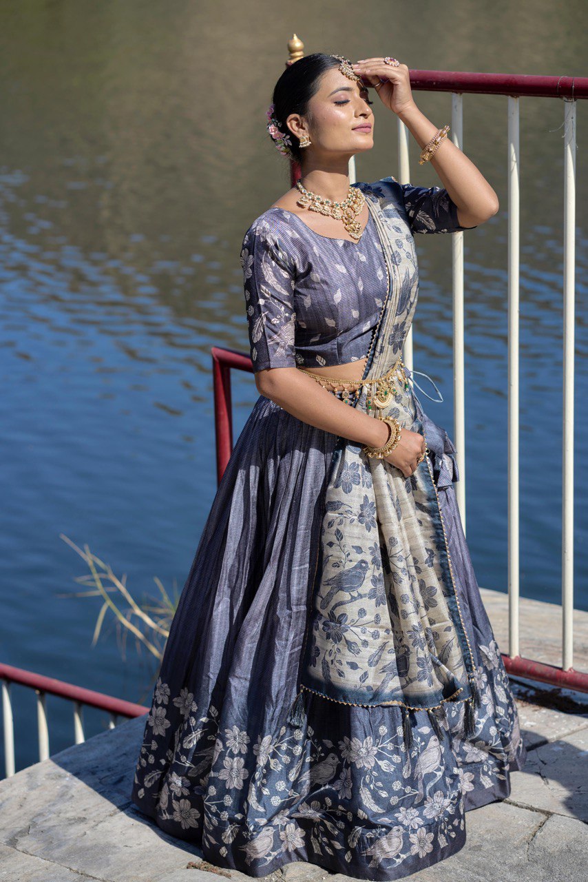 Grey Manipuri Silk Lehenga Choli