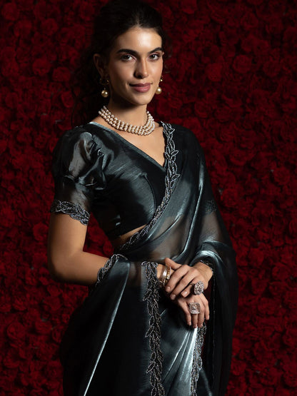 Grey Party Wear Tissue Chiffon Saree | 100% Original Saree