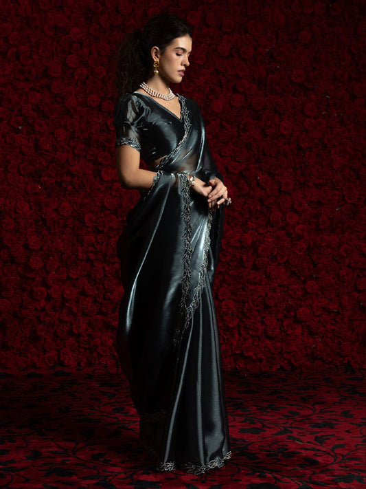 Grey Party Wear Tissue Chiffon Saree | 100% Original Saree