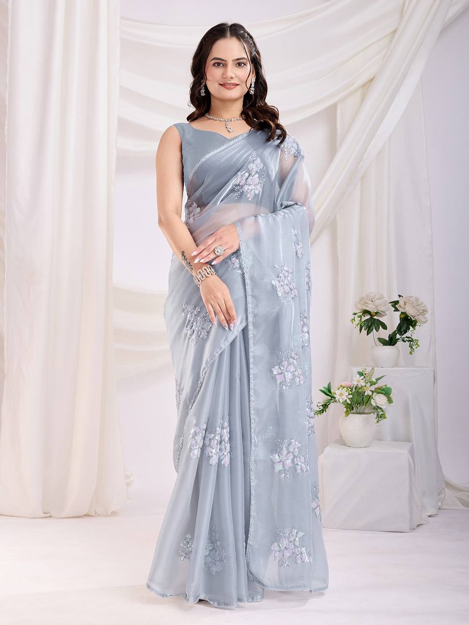 Grey Party Wear Zimmy Choo Silk Saree