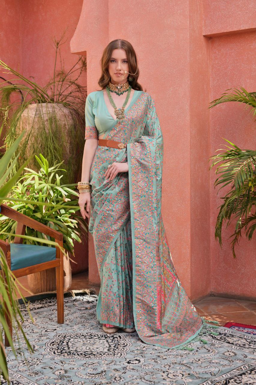 Grey Teal Pashmina Silk Saree For Wedding
