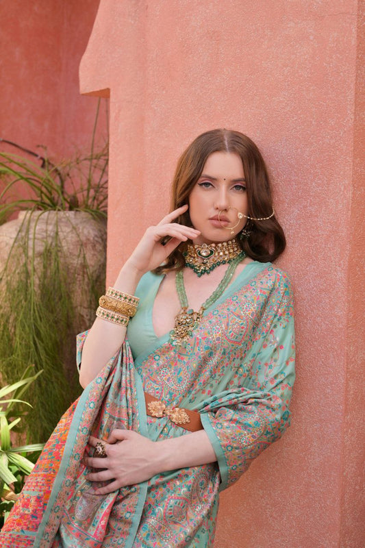 Grey Teal Pashmina Silk Saree For Wedding