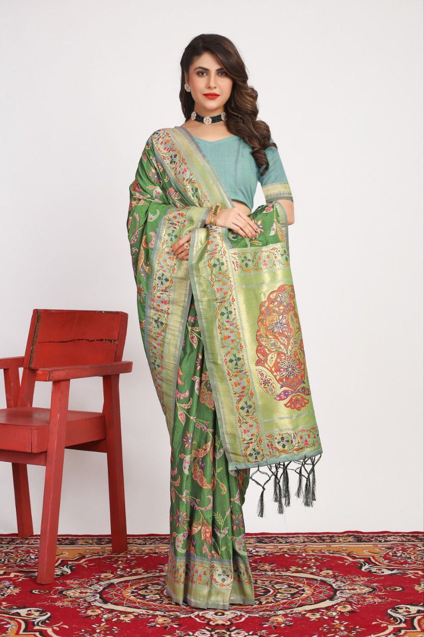 Hazel Green Traditional Pashmina Silk Saree